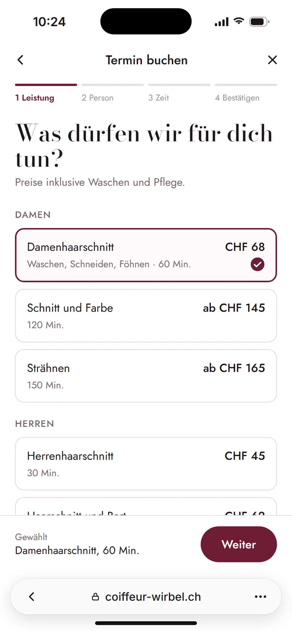 Beispiel einer Buchung beim Coiffeur, Schritt 1: Leistung wählen