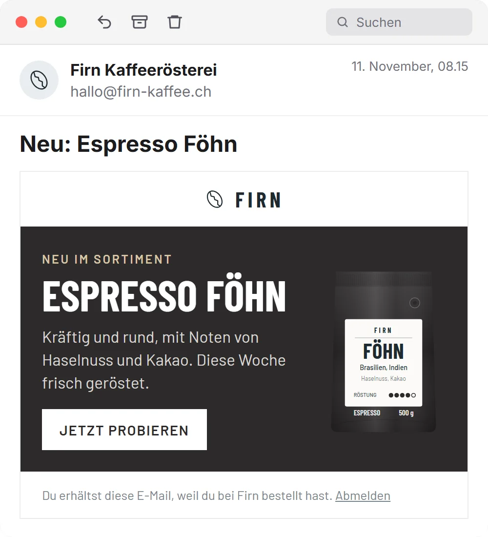 Newsletter einer Kaffeerösterei im E-Mail-Programm