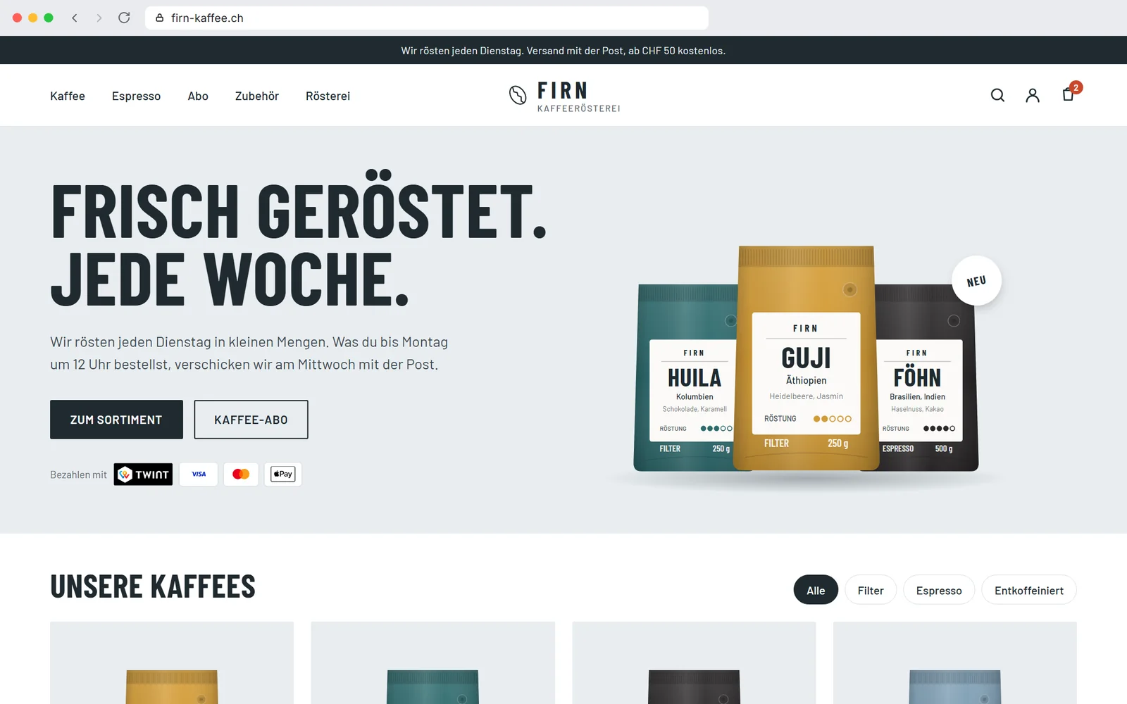 Beispielseite eines Online-Shops für Kaffee auf dem Laptop