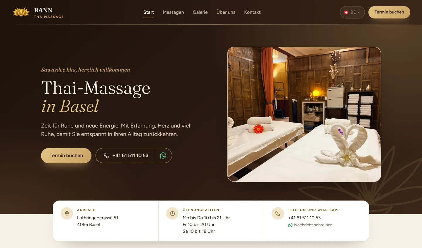 Bann-thaimassage-basel.ch: homepage on a desktop computer – Thai massage studio Basel, a PortalWeb project