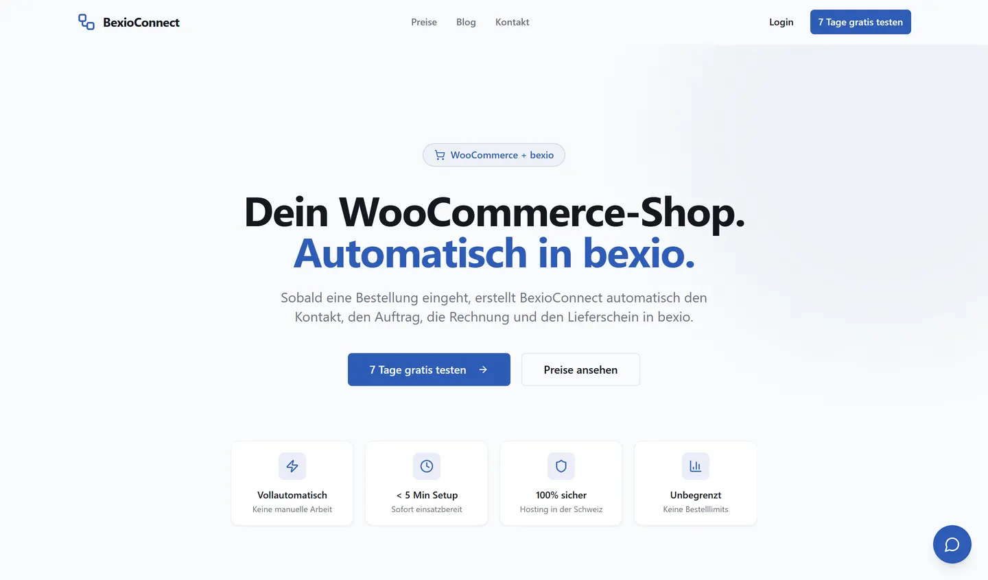 Bexioconnect.ch: homepage on a desktop computer – Bexio integration, a PortalWeb project