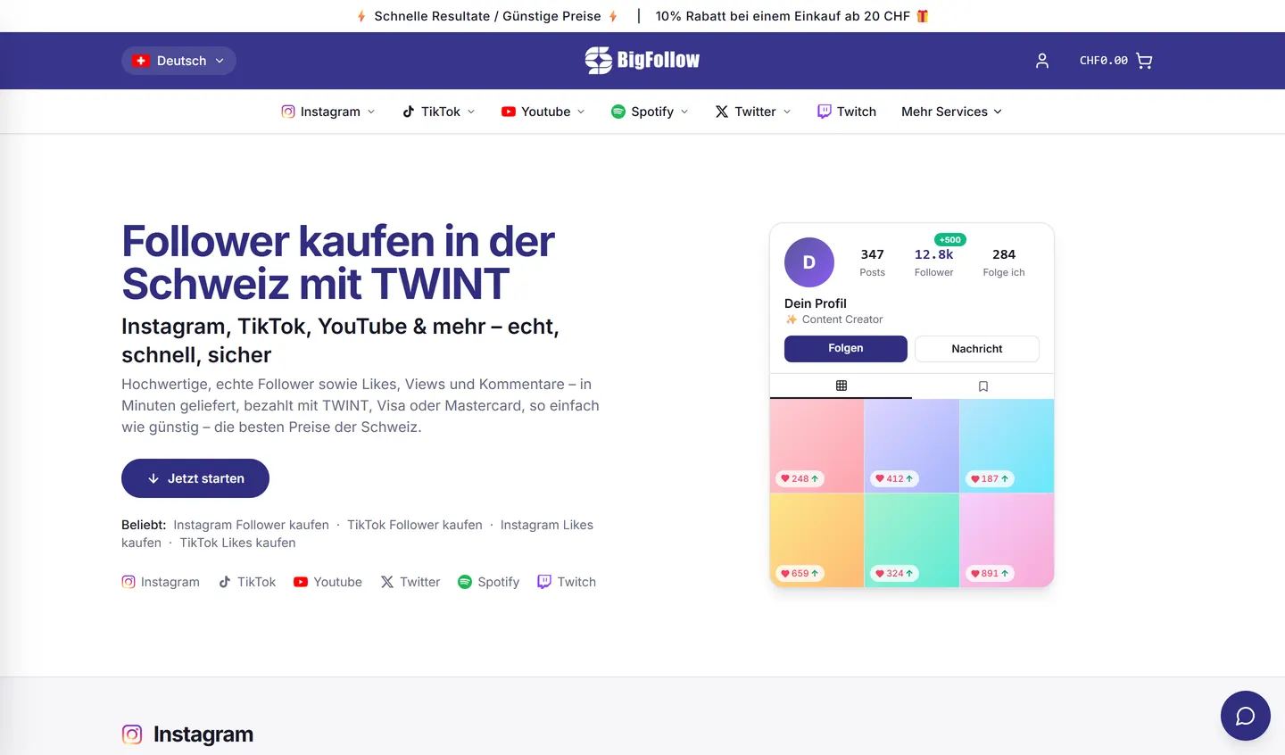 Bigfollow.ch: homepage on a desktop computer – More reach on social media, a PortalWeb project