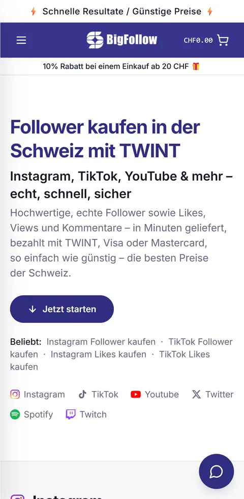 Bigfollow.ch: mobile view on a smartphone – More reach on social media