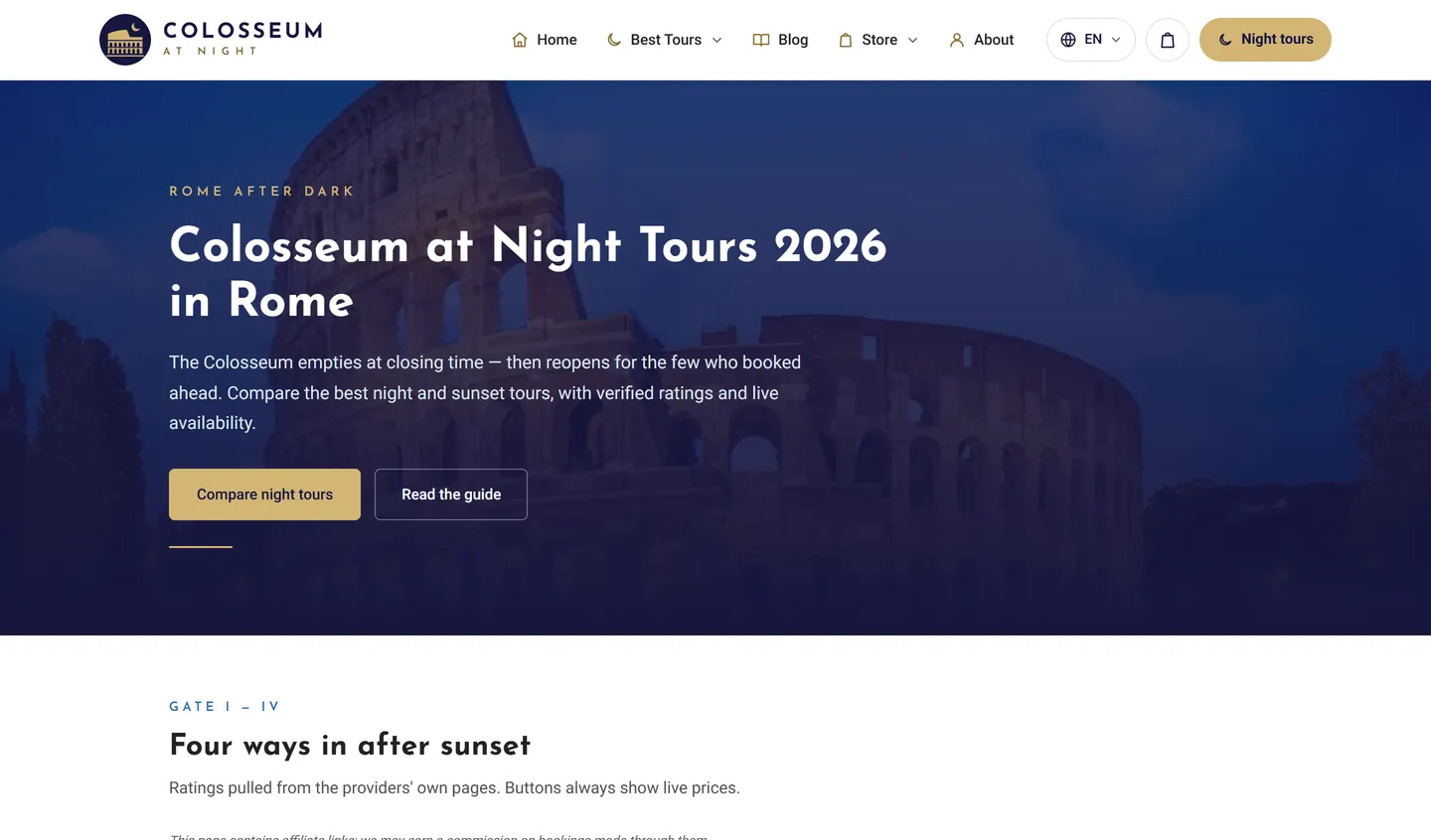 Colosseumatnight.com: homepage on a desktop computer – Tours in Rome, a PortalWeb project