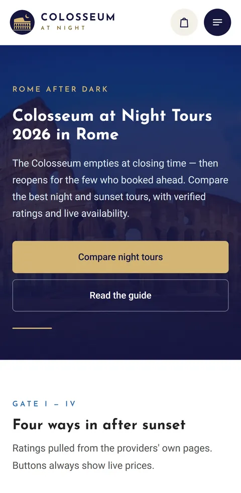 Colosseumatnight.com: mobile view on a smartphone – Tours in Rome
