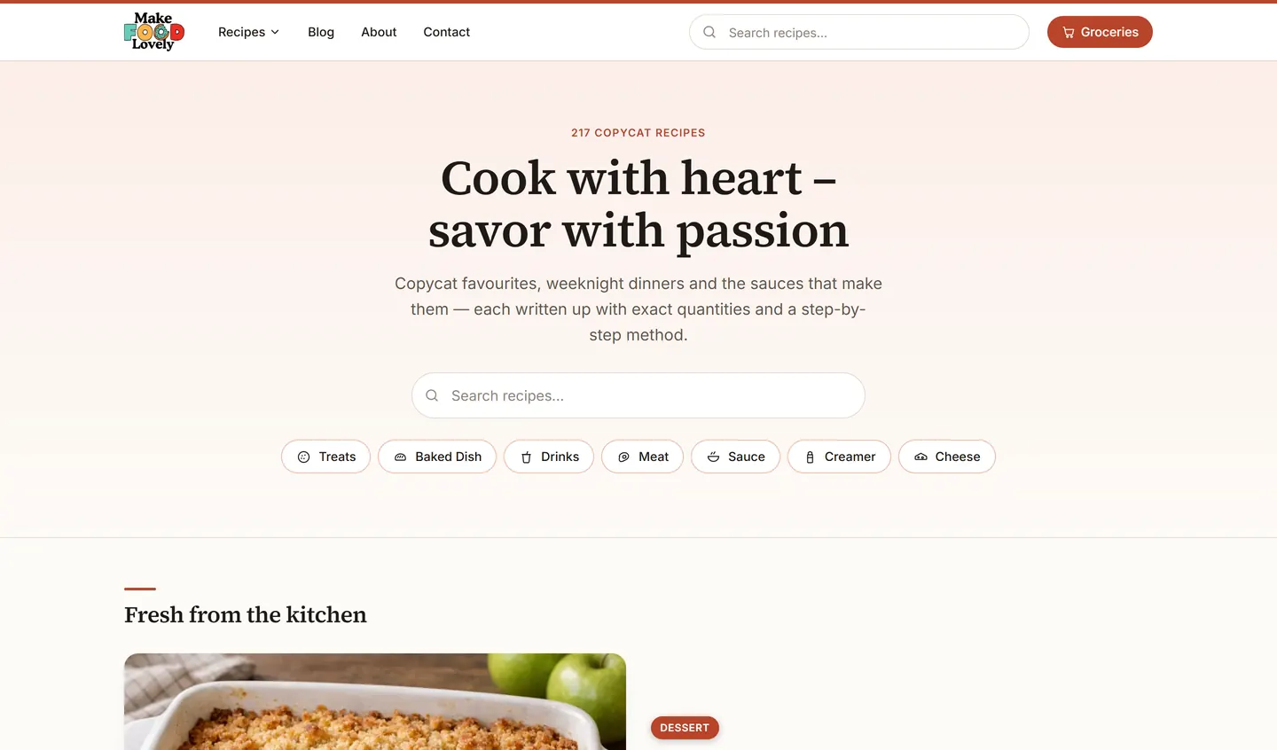 Makefoodlovely.com: homepage on a desktop computer – Recipes and food, a PortalWeb project