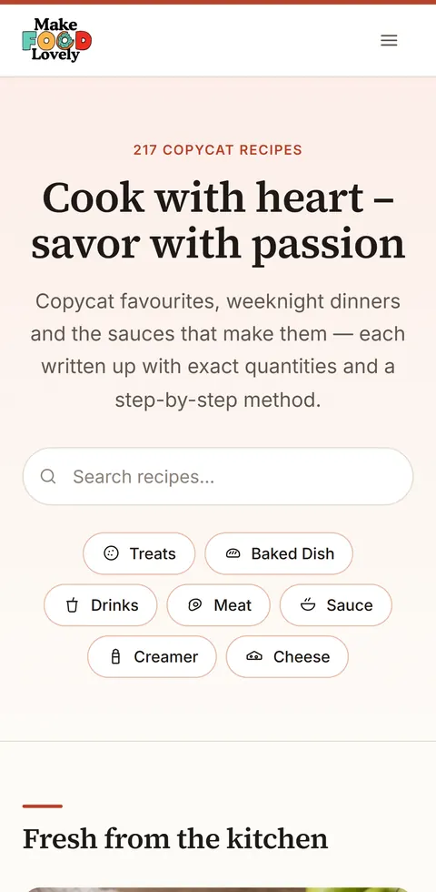 Makefoodlovely.com: mobile view on a smartphone – Recipes and food