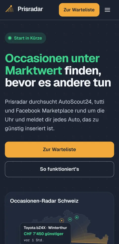 Prisradar.ch: mobile view on a smartphone – Used car software for garages