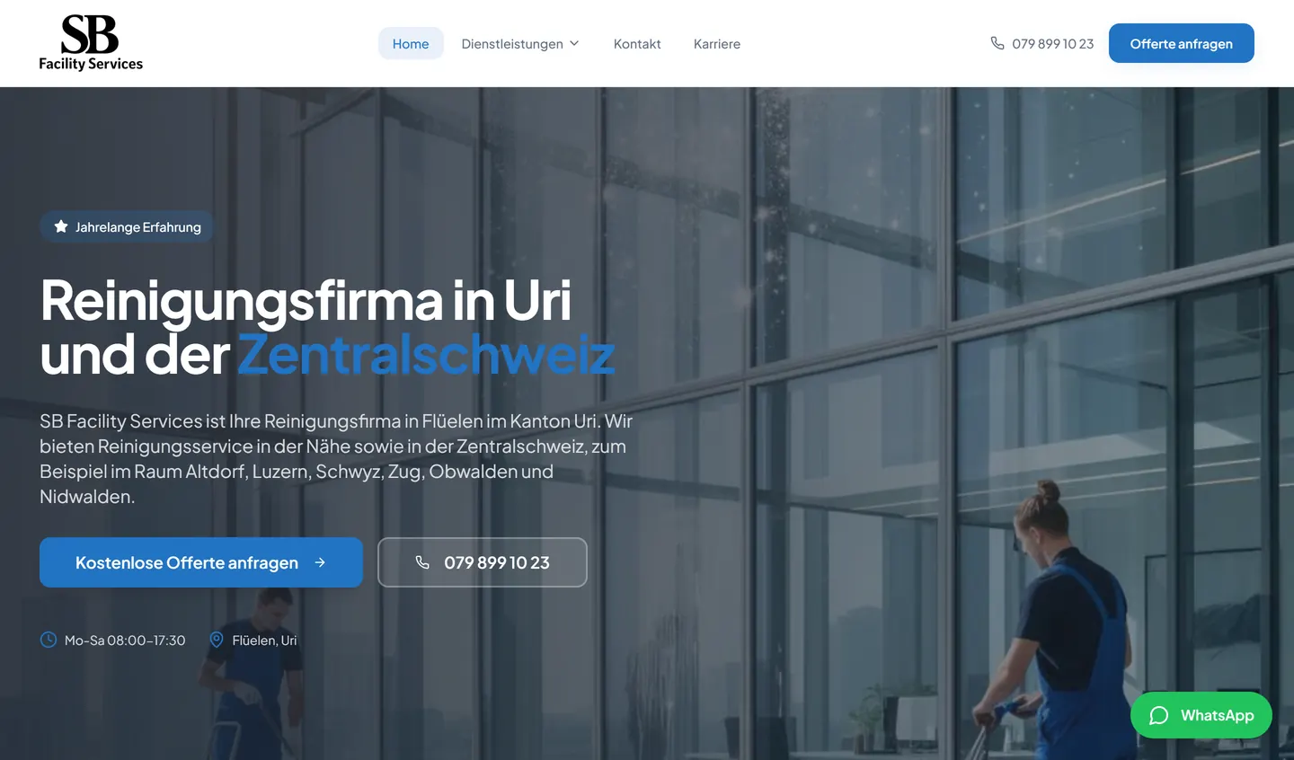 SBfacility.ch: homepage on a desktop computer – Cleaning company Uri, a PortalWeb project