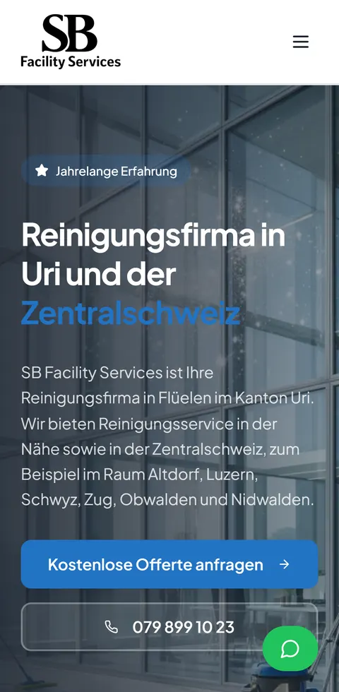 SBfacility.ch: mobile view on a smartphone – Cleaning company Uri