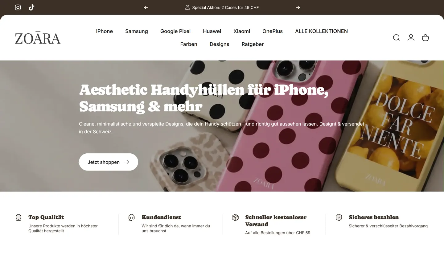 Zoara.ch: homepage on a desktop computer – Phone cases, a PortalWeb project