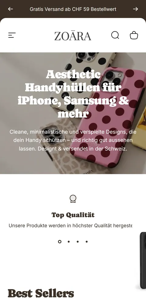 Zoara.ch: mobile view on a smartphone – Phone cases