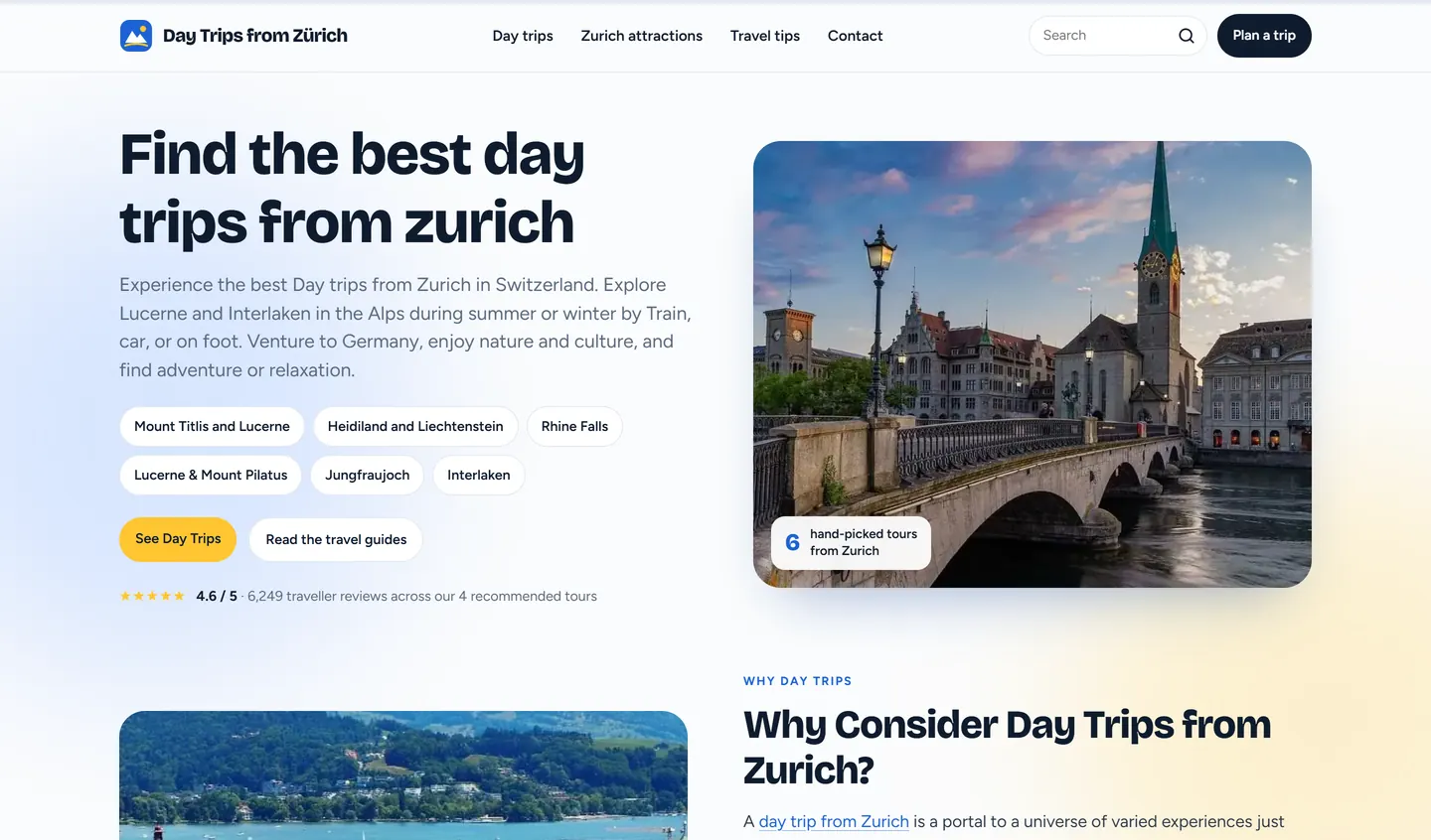 Daytripsfromzurich.com – Tagesausflüge ab Zürich Daytripsfromzurich.com: Startseite auf dem Computer – Tagesausflüge ab Zürich, ein Projekt von PortalWeb