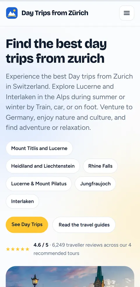 Daytripsfromzurich.com – Tagesausflüge ab Zürich Daytripsfromzurich.com: mobile Ansicht auf dem Handy – Tagesausflüge ab Zürich