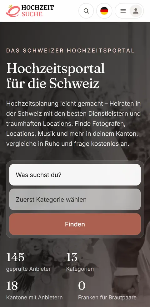 Hochzeitsuche.ch – Hochzeitsportal Schweiz Hochzeitsuche.ch: mobile Ansicht auf dem Handy – Hochzeitsportal Schweiz