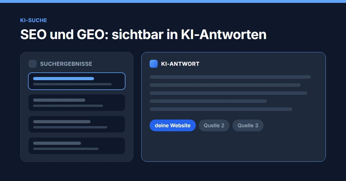 SEO und GEO: Suchergebnisse und eine KI-Antwort, die deine Website als Quelle nennt