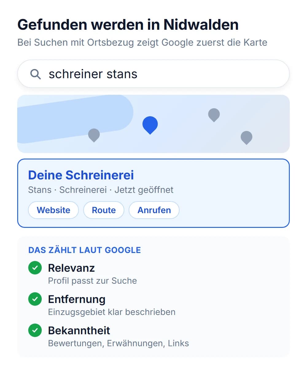 Lokale Suche in Nidwalden: Suchanfrage «Schreiner Stans», Karte und Eintrag im Google-Unternehmensprofil