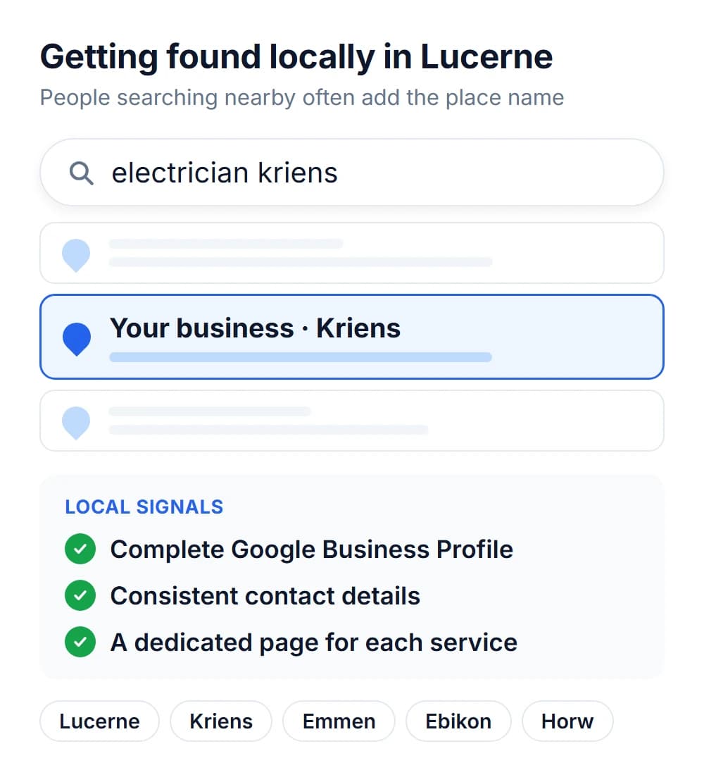 Local search in Lucerne: a search with a place name and the key local signals for SMEs