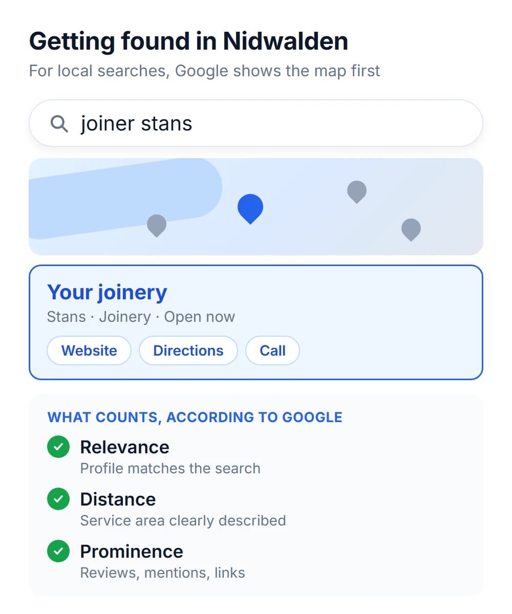 Local search in Nidwalden: a search for a joiner in Stans, the map and a Google Business Profile entry