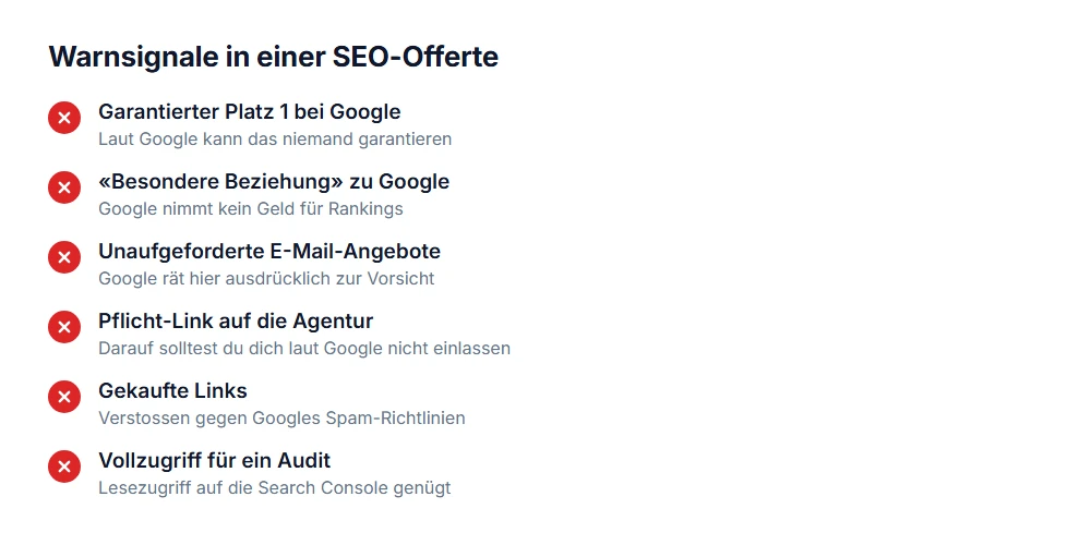 Warnsignale in einer SEO-Offerte: garantierter Platz 1, besondere Beziehung zu Google, Pflicht-Link, gekaufte Links