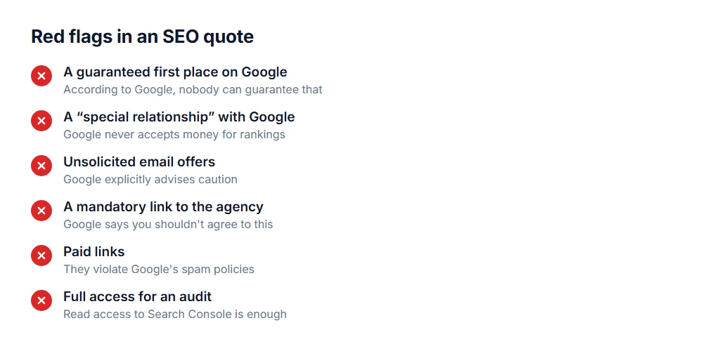Red flags in an SEO quote: guaranteed first place, special relationship with Google, mandatory link, paid links