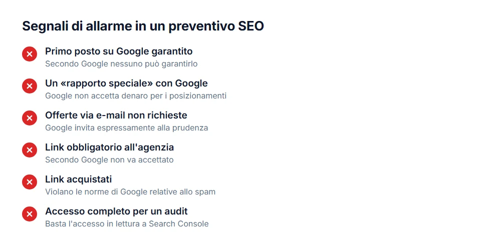 Segnali d'allarme in un preventivo SEO: primo posto garantito, rapporto speciale con Google, link obbligatori o acquistati