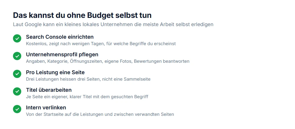 Was ein KMU selbst tun kann: Search Console, Unternehmensprofil, eine Seite pro Leistung, Titel und interne Links