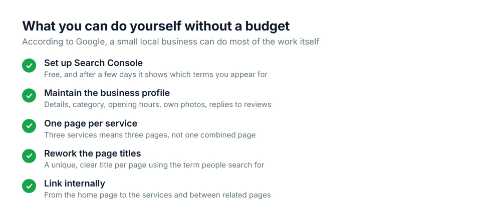 What an SME can do itself: Search Console, business profile, one page per service, titles and internal links