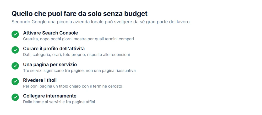 Che cosa può fare una PMI da sola: Search Console, profilo dell'attività, una pagina per servizio, titoli e link interni