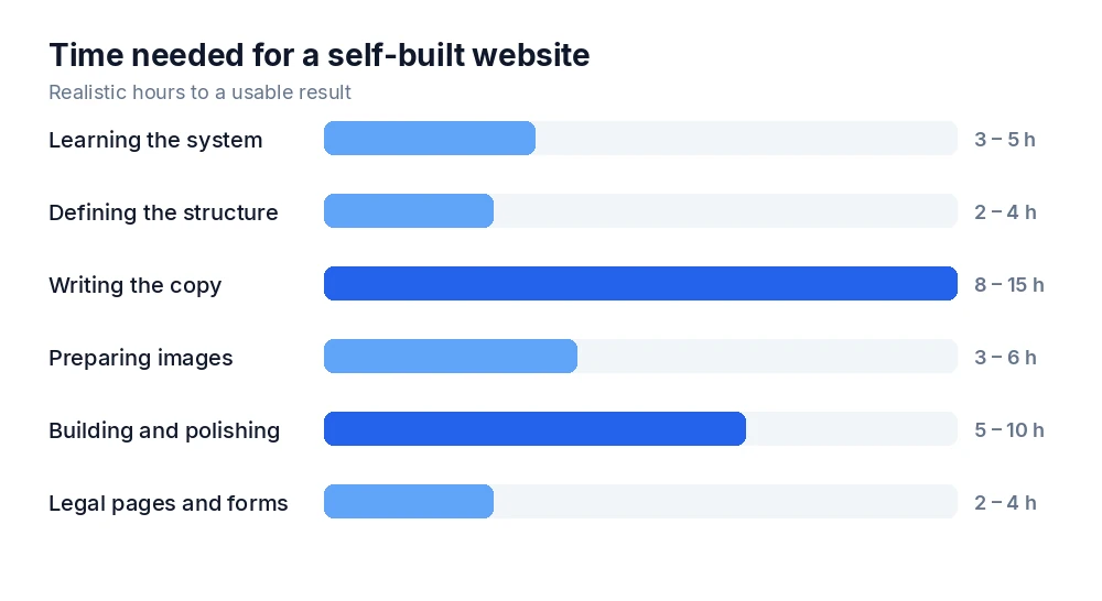 Time needed for a self-built website, broken down by task