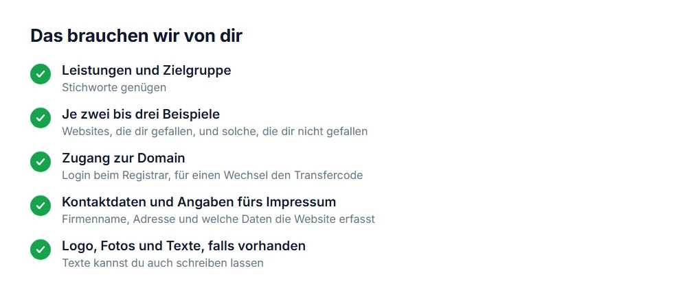 Checkliste: Leistungen und Zielgruppe, Beispiele, Domain-Zugang, Angaben für Impressum sowie Logo, Fotos und Texte