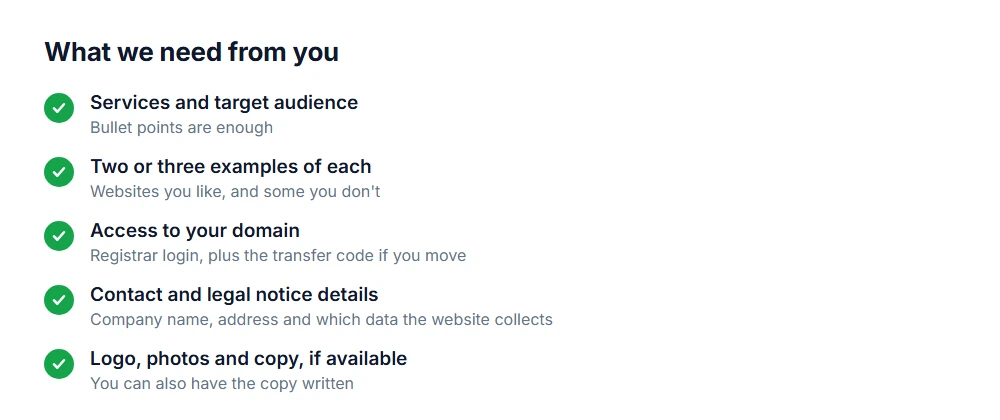 Checklist: services and audience, examples, domain access, legal notice details, and logo, photos and copy