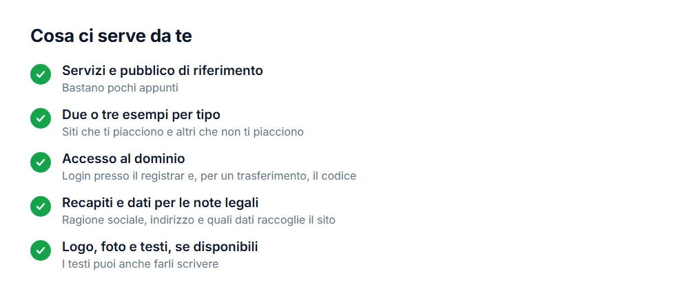 Checklist: servizi e pubblico, esempi, accesso al dominio, dati per le note legali e logo, foto e testi
